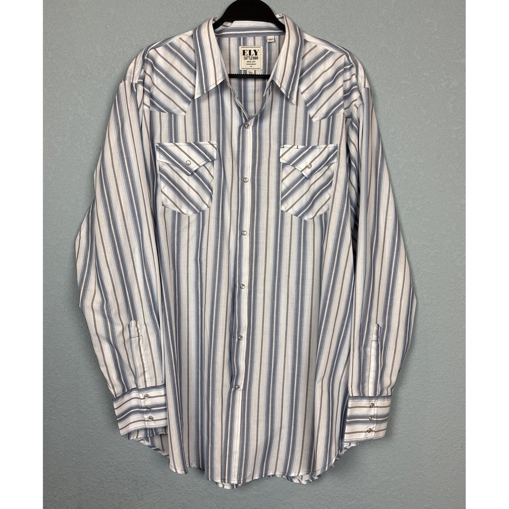 Ely Cattleman Shirt Mens 2XLT Tall Blue White Western Pearl Snap Classic